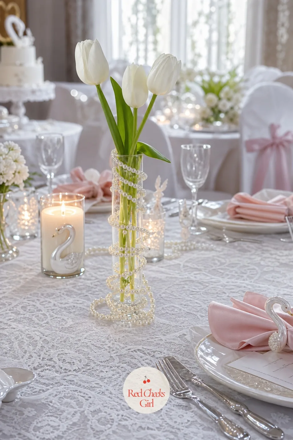Pearl Strands Wrapped Around the Vases — This is the detail at exactly eye level between the water glasses, the one guests notice while they are waiting for