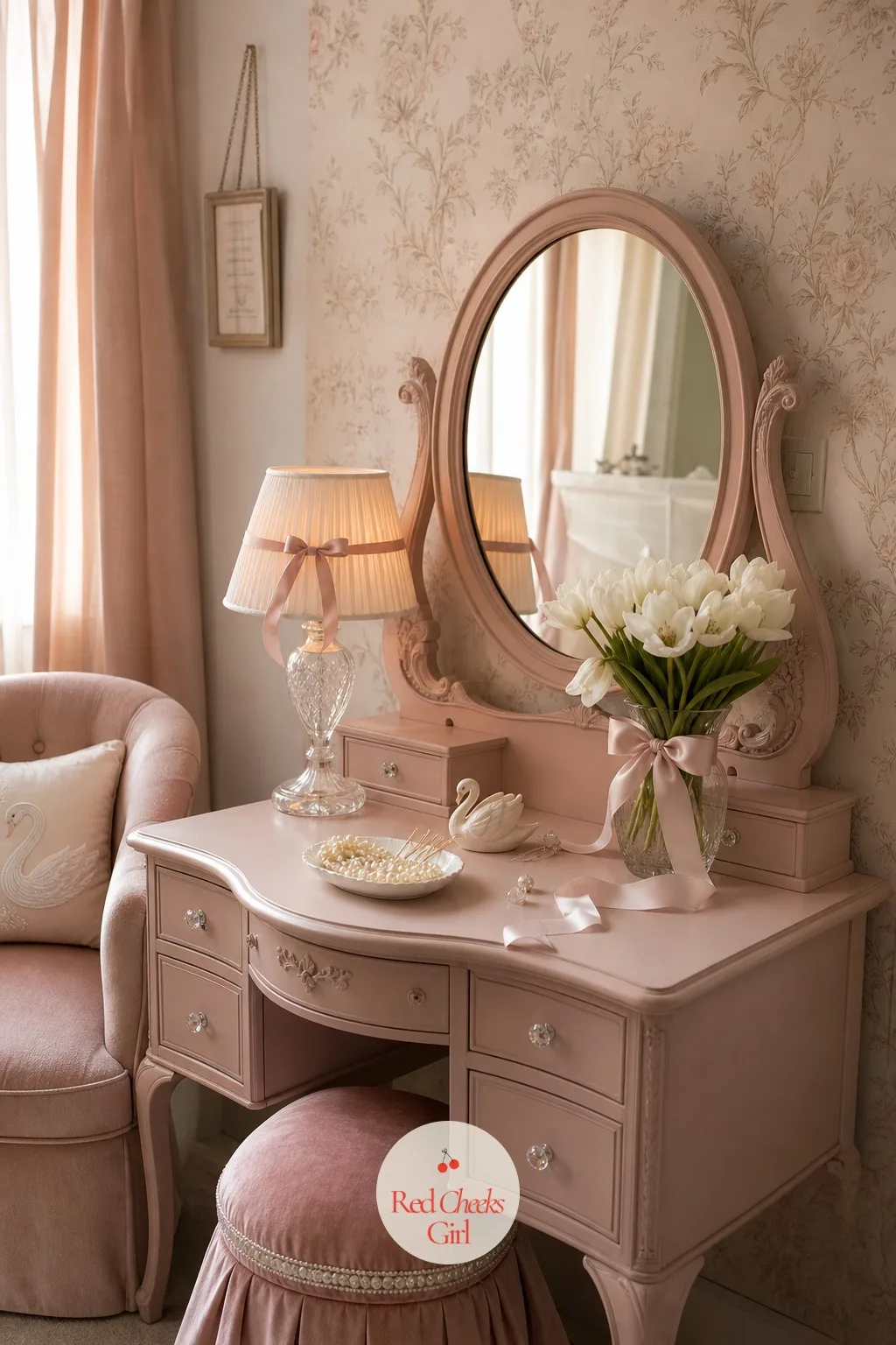 A Pink Vintage Vanity With a Mirror as the Photo Spot — A selfie corner usually ends up looking like a leftover prop nobody wanted. Swan wedding
