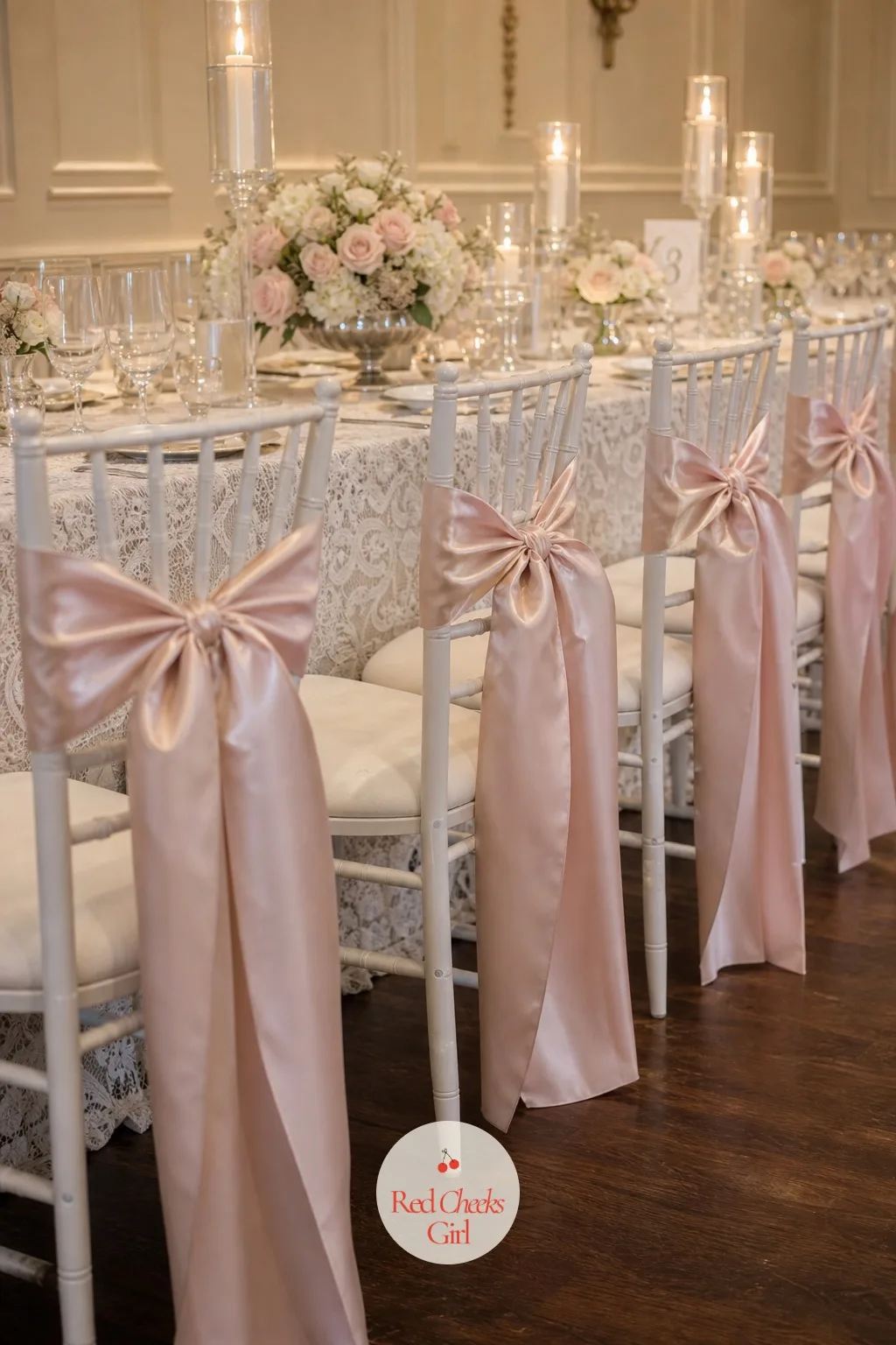 Satin Ballet Ribbons Tied on the Chairs — A plain chair back looks unfinished next to a dressed table, and this is the one detail a guest actually touches