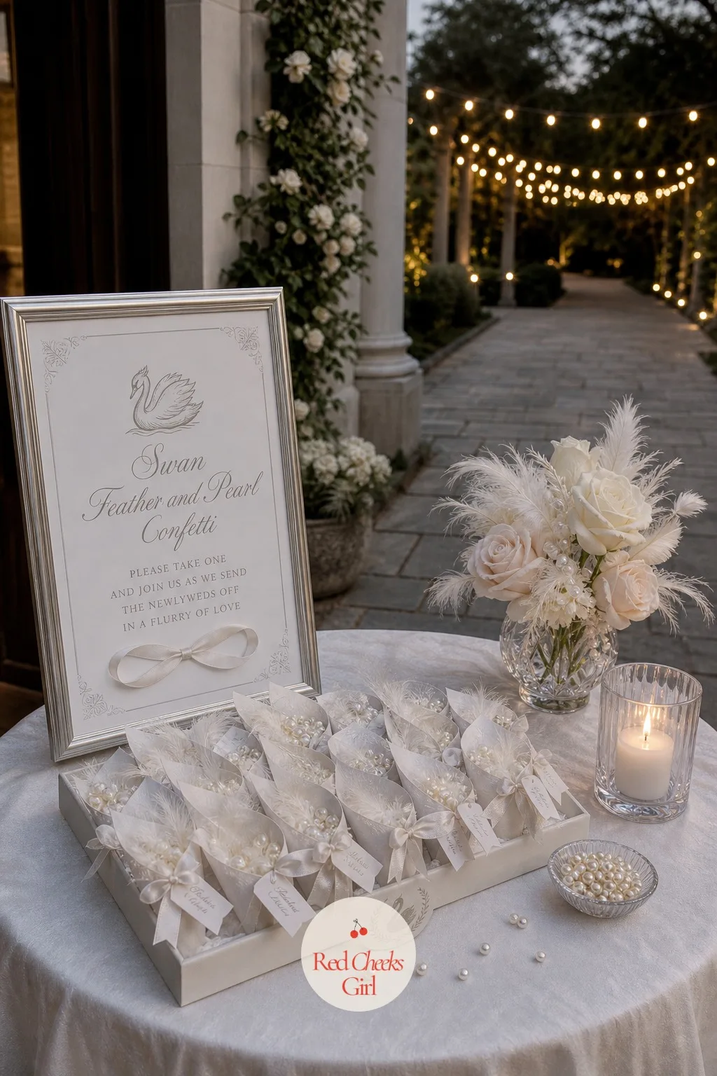 A Swan Feather and Pearl Confetti Send-Off — An exit through a tunnel of empty hands feels flat after a whole evening of detail. Swan wedding