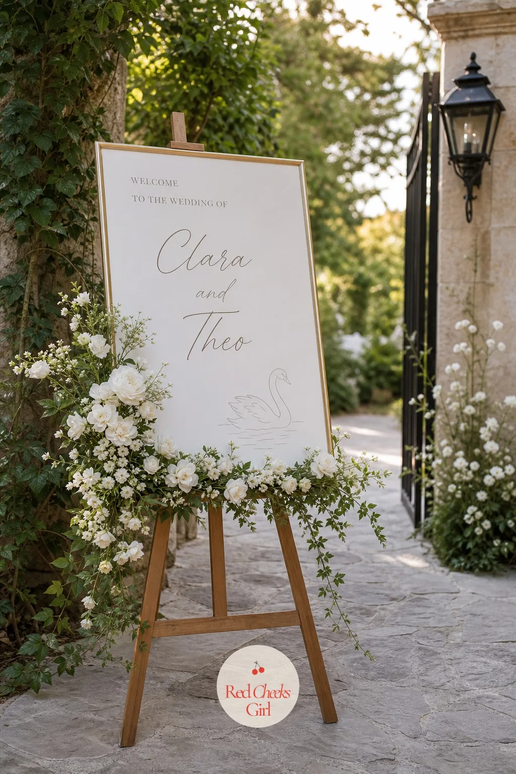 A Swan Motif Welcome Sign at the Entrance — Guests arriving need to know in two seconds that they are in the right place, and a plain acrylic sign with just
