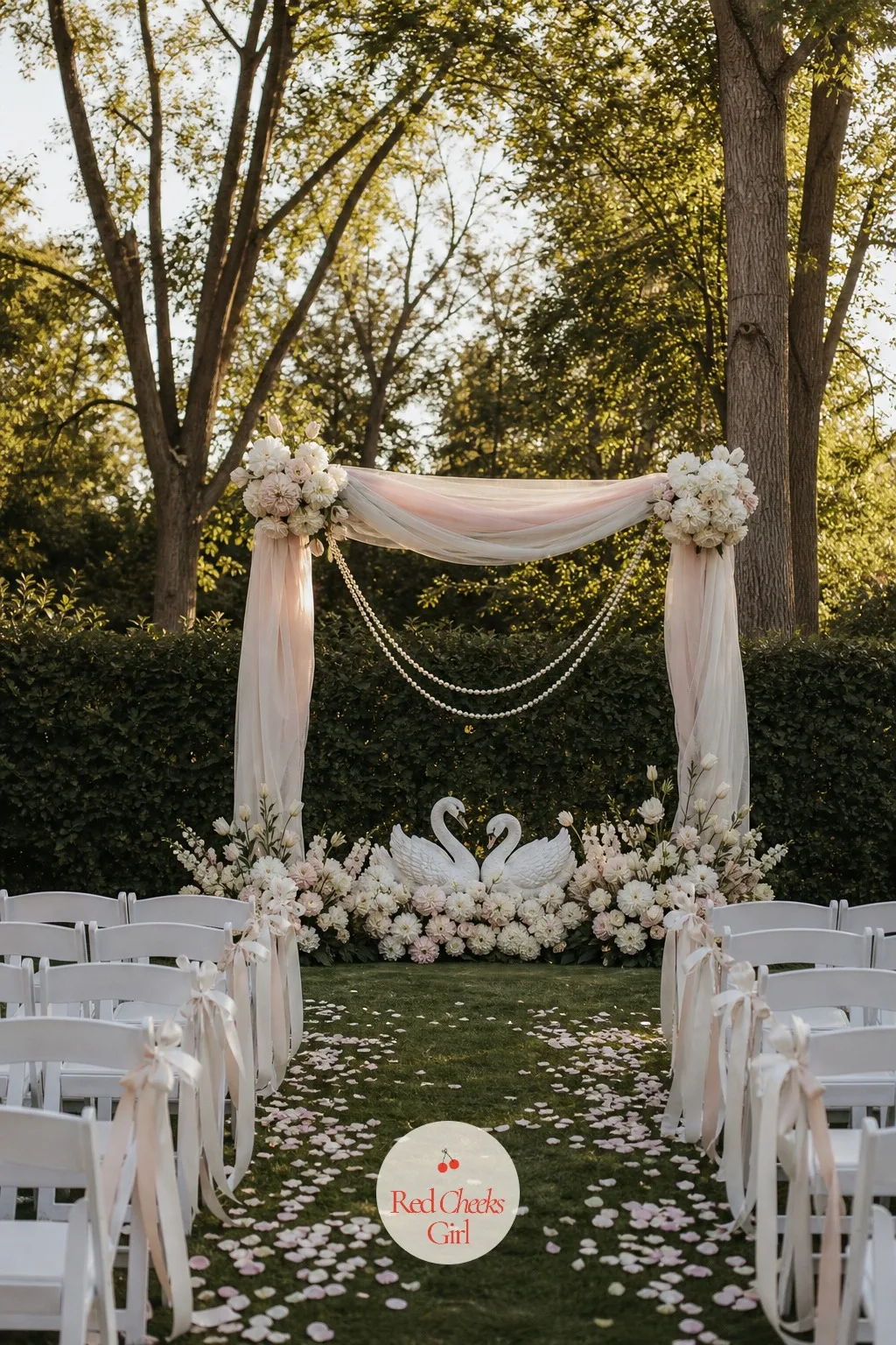 A Swan and Tulle Ceremony Arch — An arch can tip straight into a school fundraiser if the flowers do all the talking on their own. Swan wedding