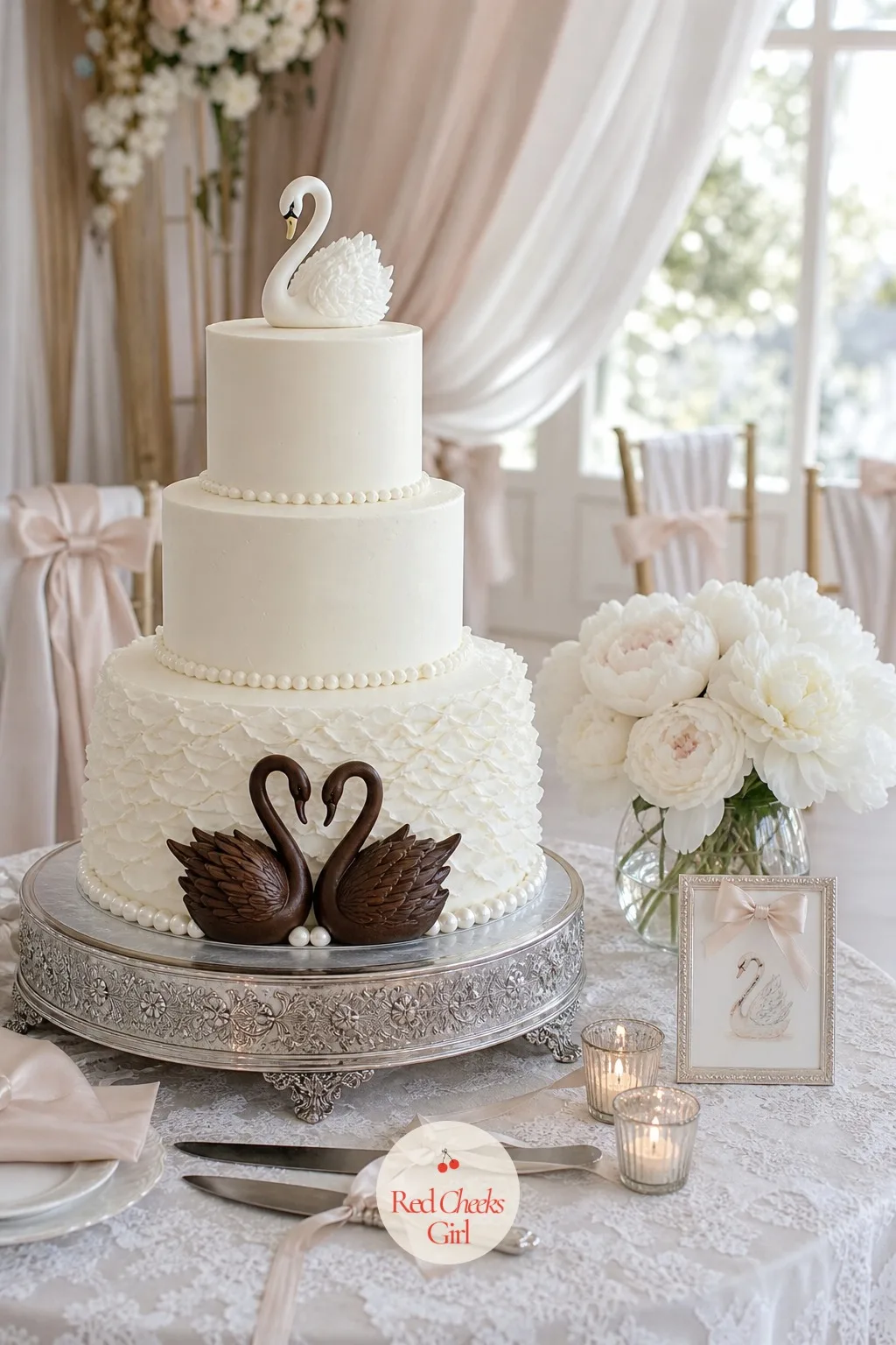 A Swan-Shaped Wedding Cake — A plain tiered cake looks correct at a glance and forgettable a day later. Swan wedding