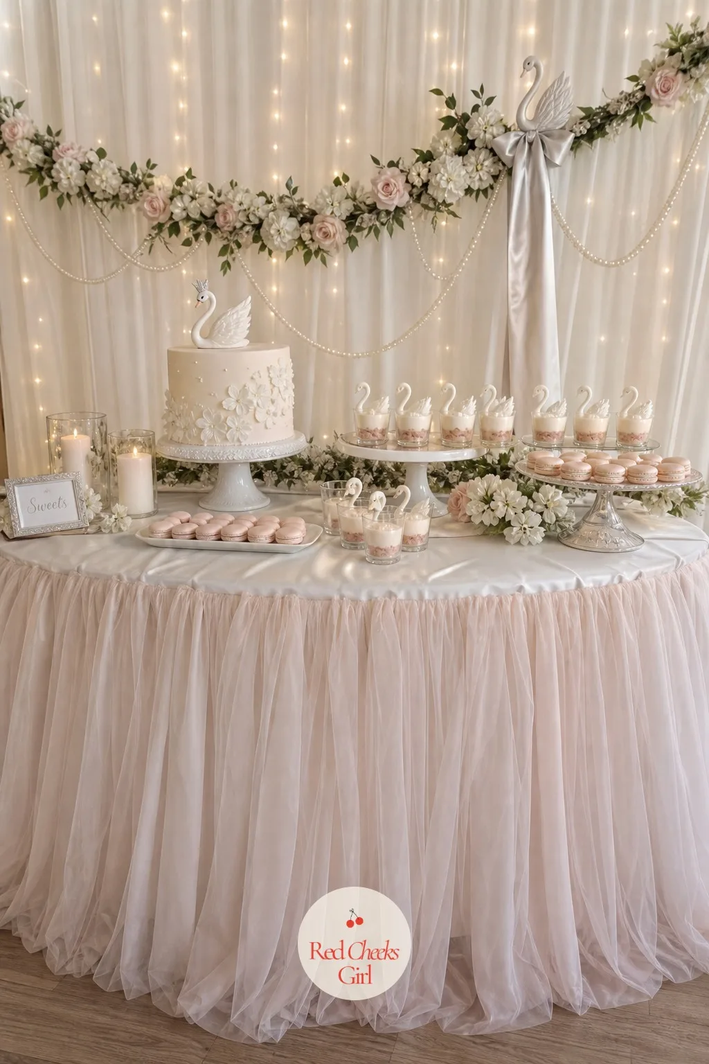 A Tulle-Skirted Dessert Table — A dessert spread laid straight on a bare table looks like a bake sale, however good the cake above it is. Swan wedding