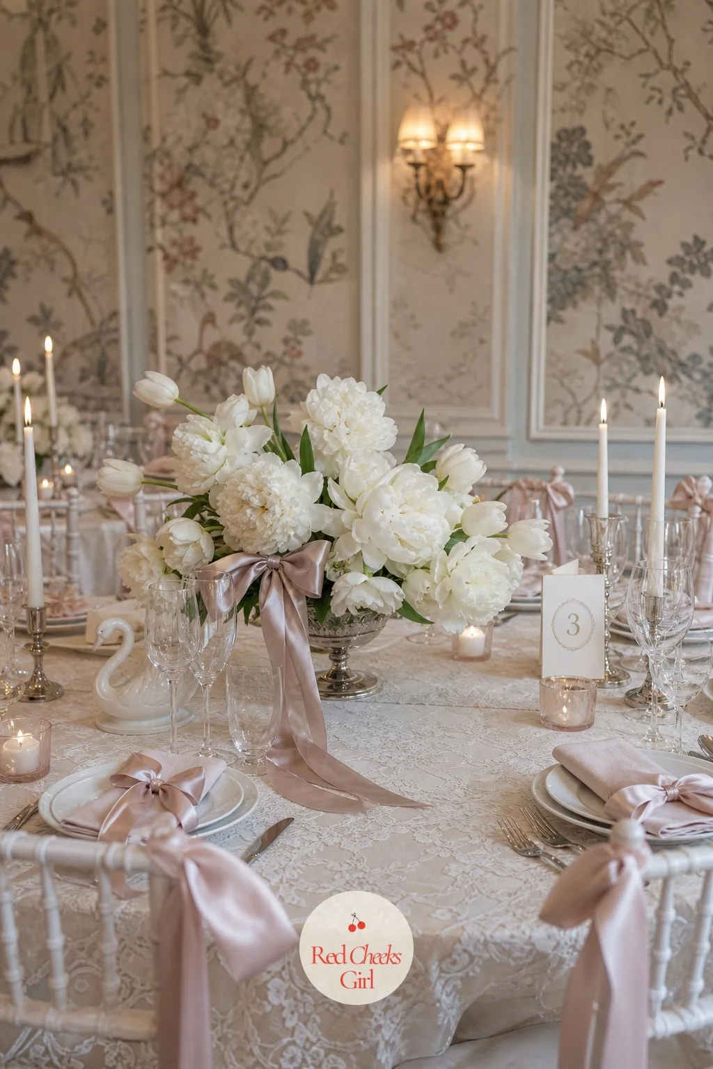 White Tulips and Peonies With Ribbon Bows as the Centerpiece — A stiff, wired arrangement looks correct and says nothing. Swan wedding