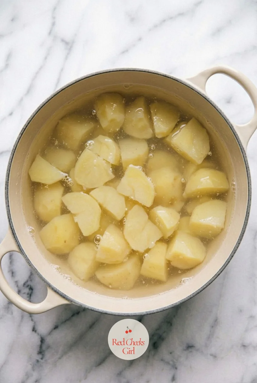 Boil the potatoes — Chunks of peeled potato tumble gently in rolling, bubbling water, the pot filled about two thirds with liquid. Swedish meatballs
