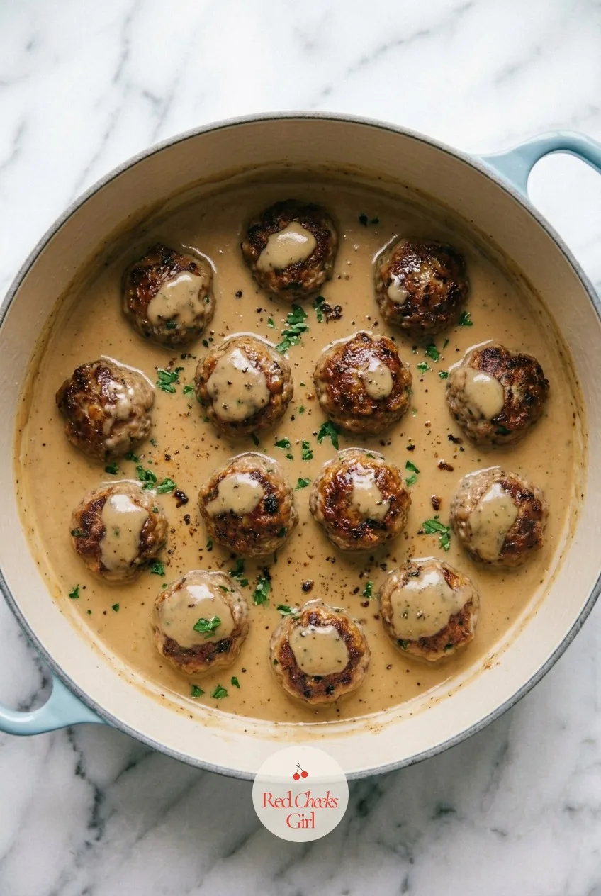 Finish the gravy — Once the cream goes in, the gravy turns from pale and thin to smooth and ivory colored, thick enough to coat the sides of the pot. Swedish