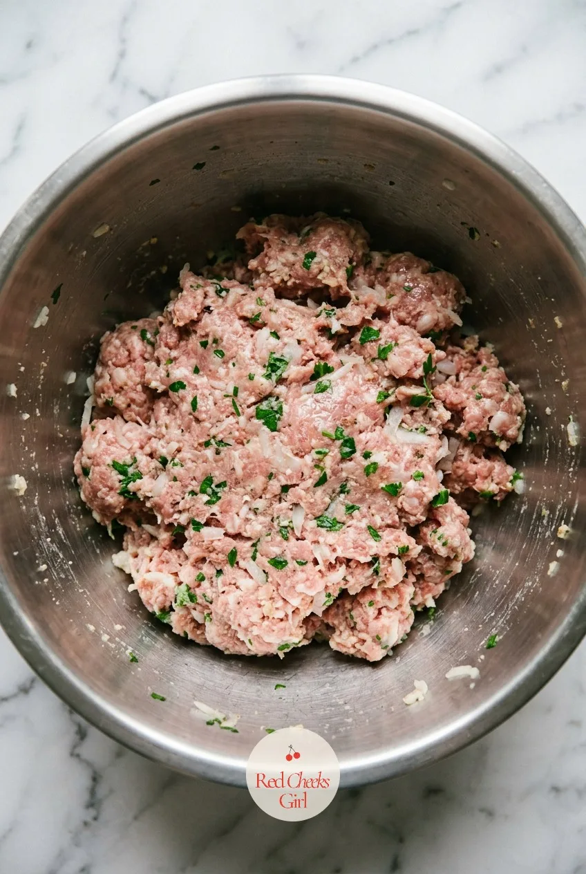 Mix the meatball base — The beef, pork, onion and soaked breadcrumbs come together in the bowl, with the egg and spices folded through. Swedish meatballs