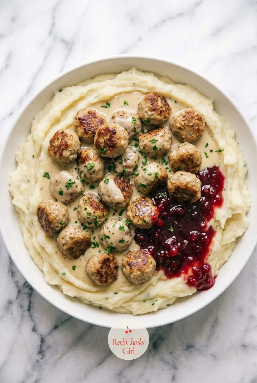 Plate the finished meatballs — A bed of mashed potatoes spreads across the platter with the glossy meatballs and gravy spooned over the center. Swedish