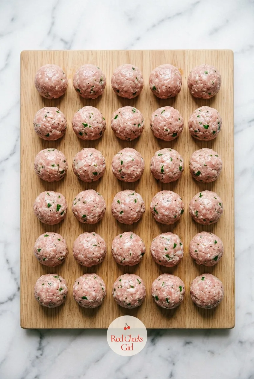 Shape the meatballs — Rolled between your palms, the mixture turns into rows of smooth, even balls lined up across the board. Swedish meatballs