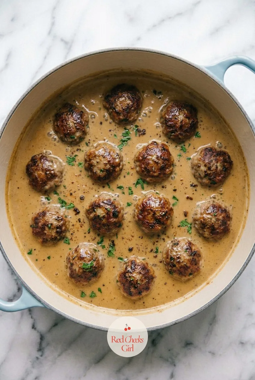 Simmer the meatballs in gravy — The browned meatballs sit submerged halfway in the thickened gravy, gently bubbling at the edges. Swedish meatballs