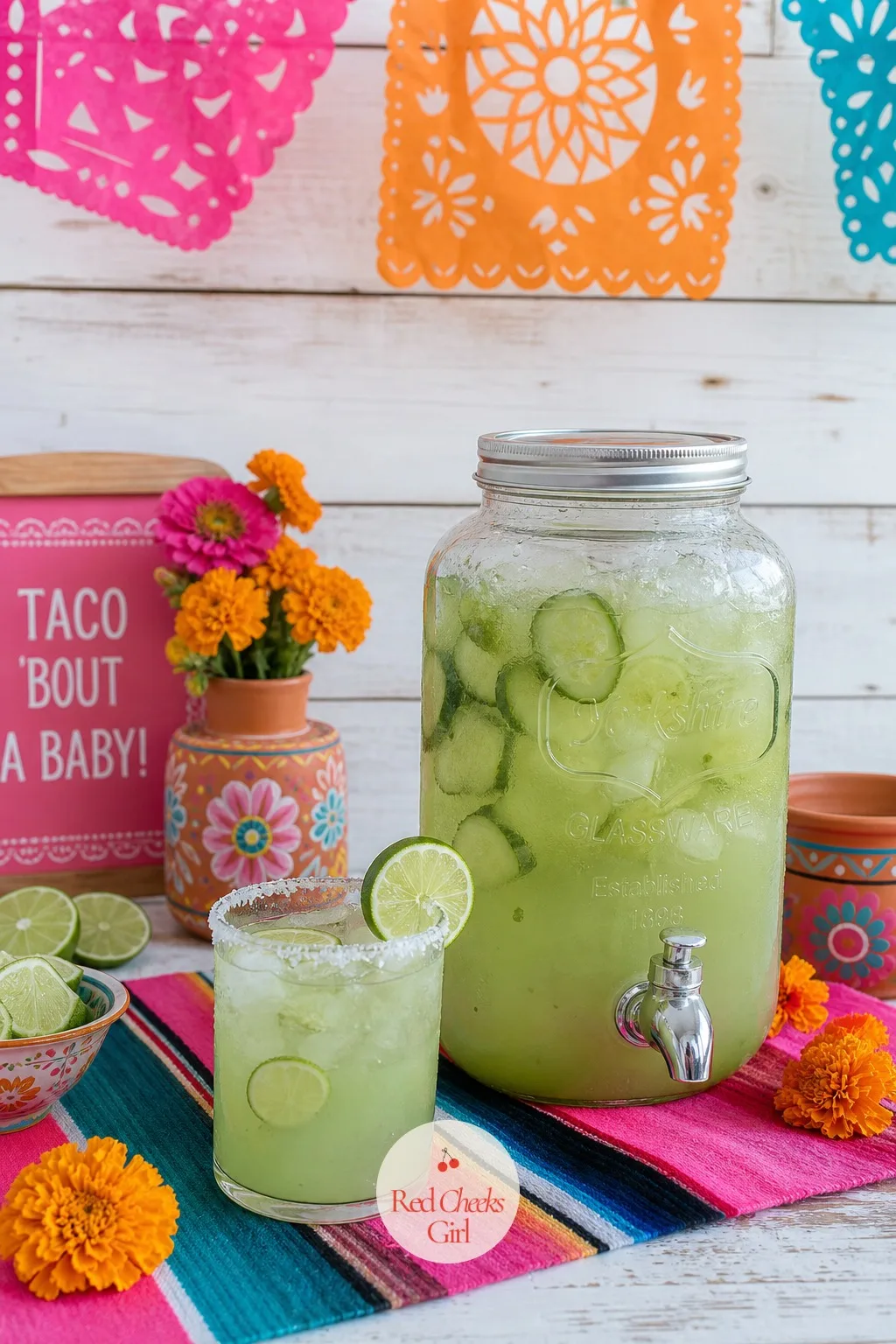 Cucumber-Lime Aguas Frescas Pitcher — A third drink keeps the lineup from feeling repeated down the table. Taco bout a baby shower ideas