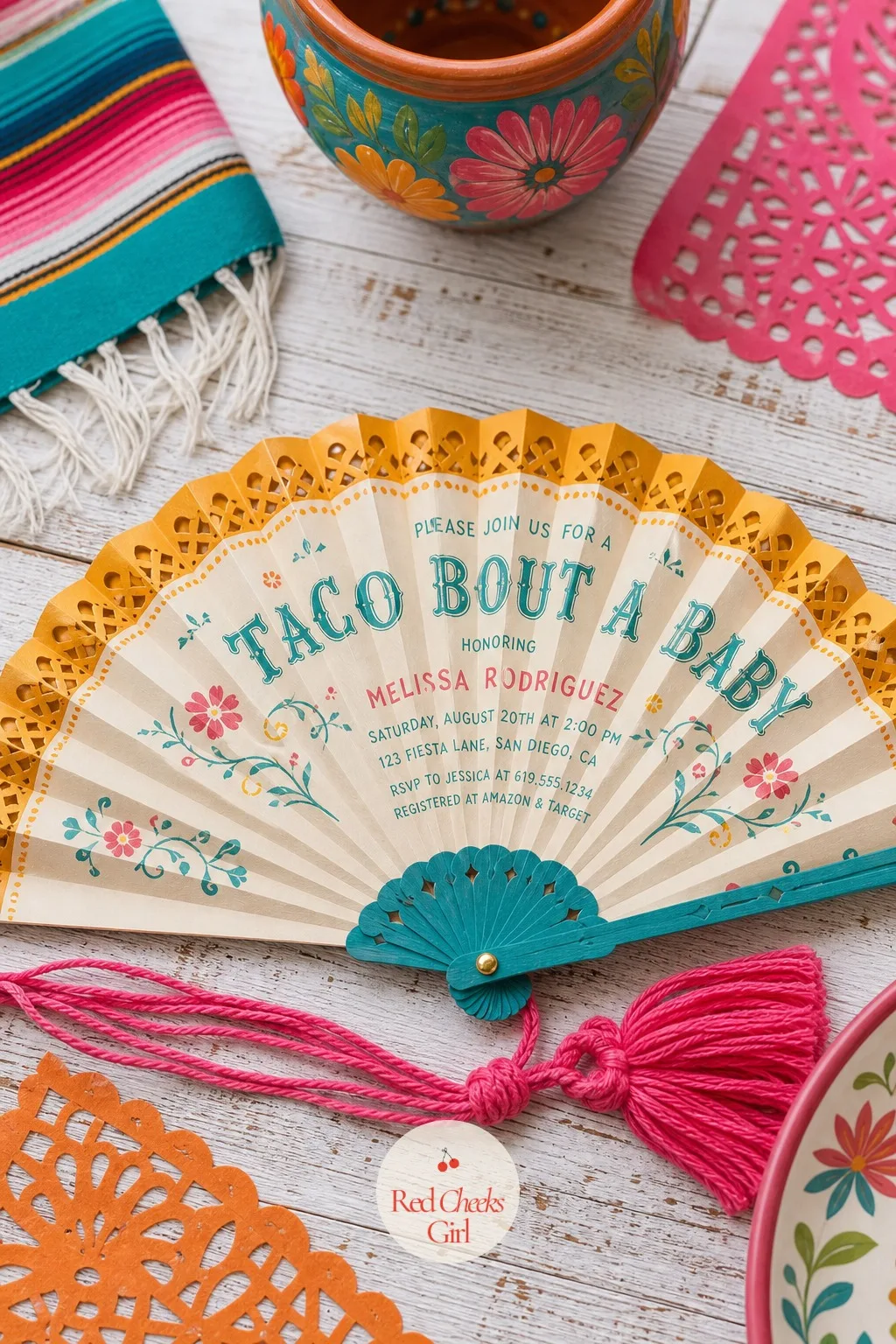 Fiesta Fan Invitation — A flat card is easy to print, but a fan folds down small and gives guests something to keep on the fridge instead. Taco bout a baby