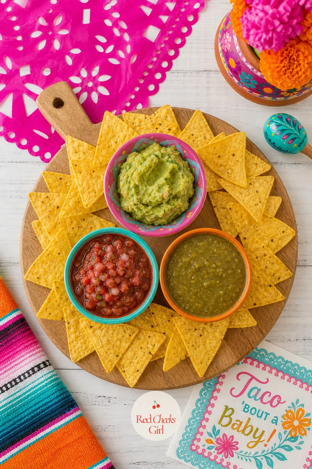 The Guacamole and Salsa Trio Board — One bowl of guacamole disappears fast and someone always asks if there is more in the back. Taco bout a baby shower ideas