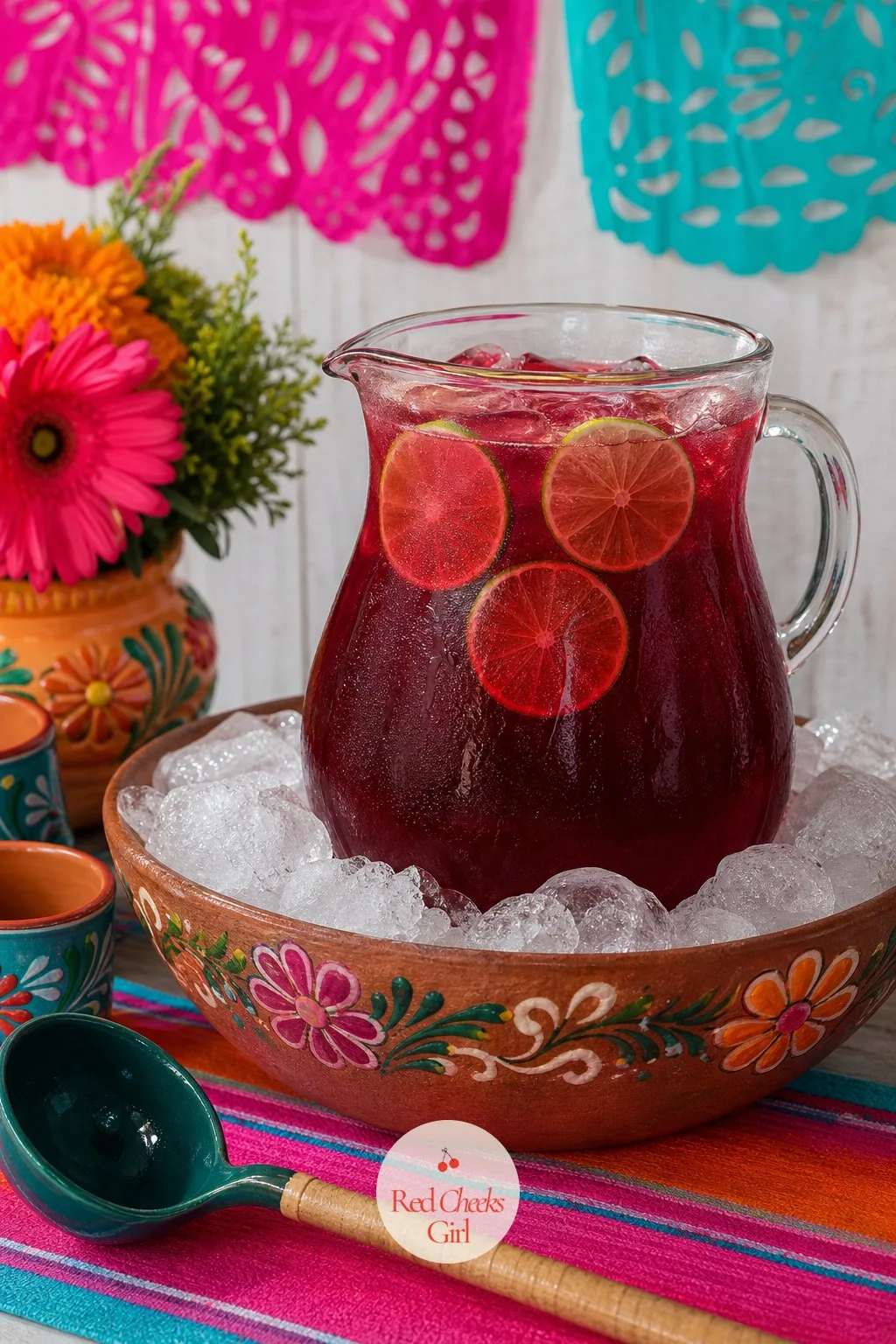 Hibiscus Aguas Frescas Pitcher — Deep red next to the pale horchata gives the drink table its contrast without any extra effort. Taco bout a baby shower ideas