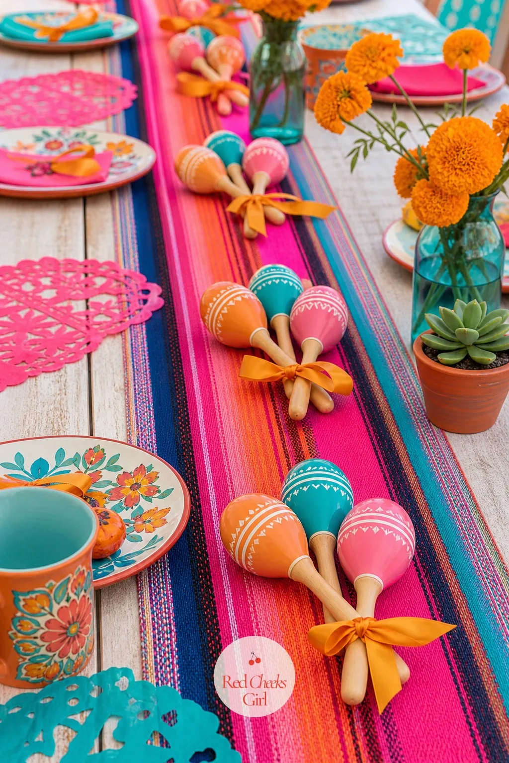 Maracas Bundled as a Table Runner Accent — Flowers down the center of the table are expected, and expected is fine, but it is not the only option. Taco bout a