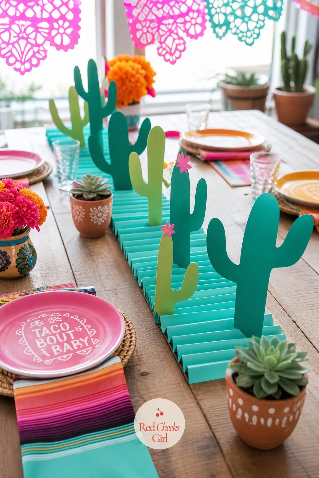 Paper Cactus Table Runner — A plain tablecloth reads flat in photographs no matter how good the food on top of it looks. Taco bout a baby shower ideas