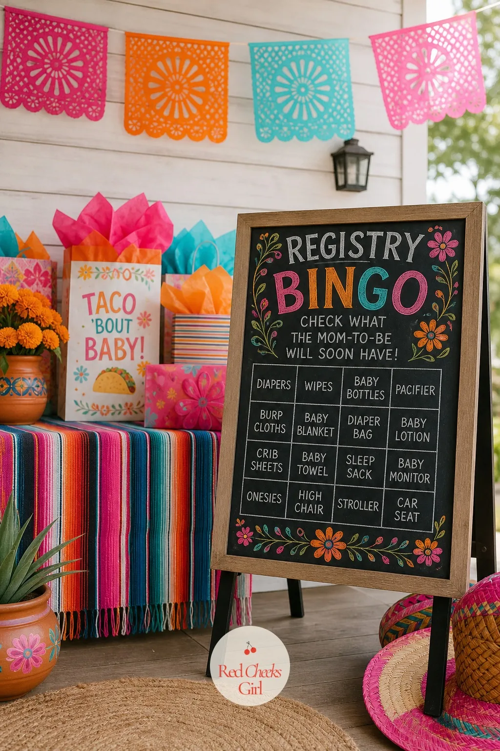 Registry Bingo Call-Out Board — No printer on hand the night before the party, a standing board solves the same game without a single sheet to run off. Taco