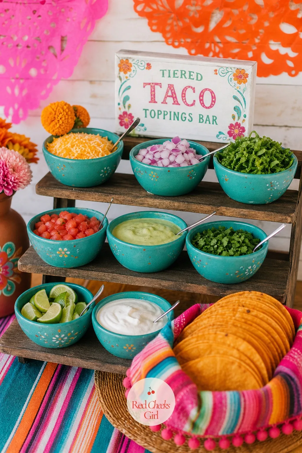 The Tiered Taco Toppings Bar — One long table at dinner time means a crush of elbows, and she knows it. Taco bout a baby shower ideas