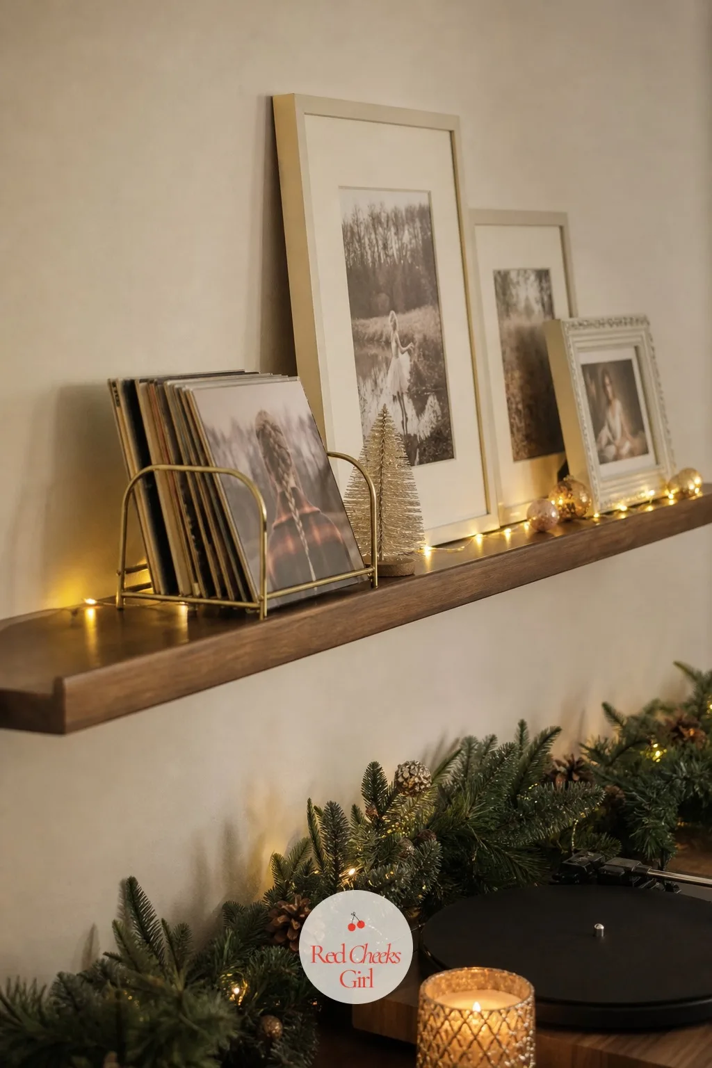 The Picture Ledge, Playing the Deep Cuts — A floating ledge full of blank cream frames and a small vinyl stand does more than a wall of ornaments ever could.