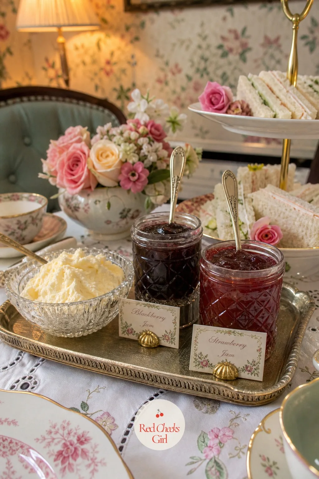 Clotted Cream and Jam Bar — A scone with nothing on it is only half the point, and a small bar beside the tiered stands lets guests build their own: a bowl of
