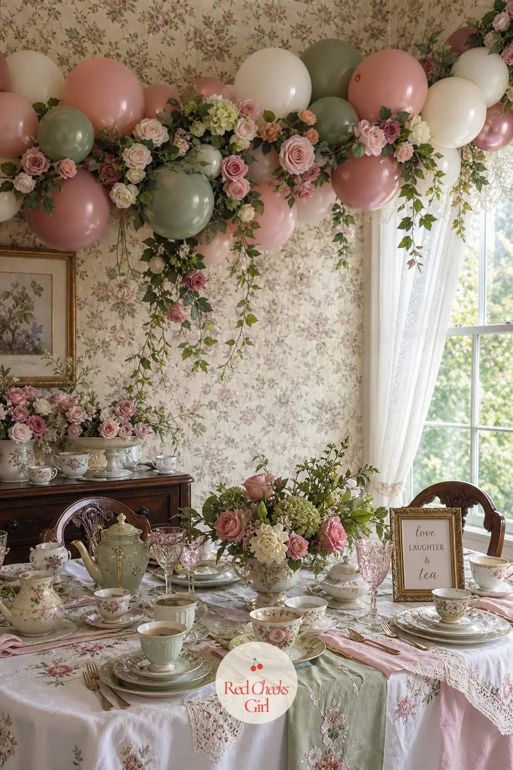 Floral Balloon Garland — She will walk in and look up before she looks down, so give the ceiling line something to say. Tea party bridal shower ideas