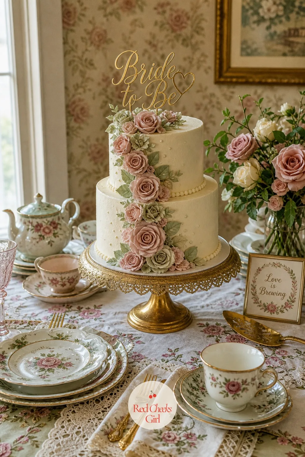 Floral Cake — The cake is the one piece on the table that can carry the whole palette at once, iced in soft ivory buttercream with sugar roses in dusty rose