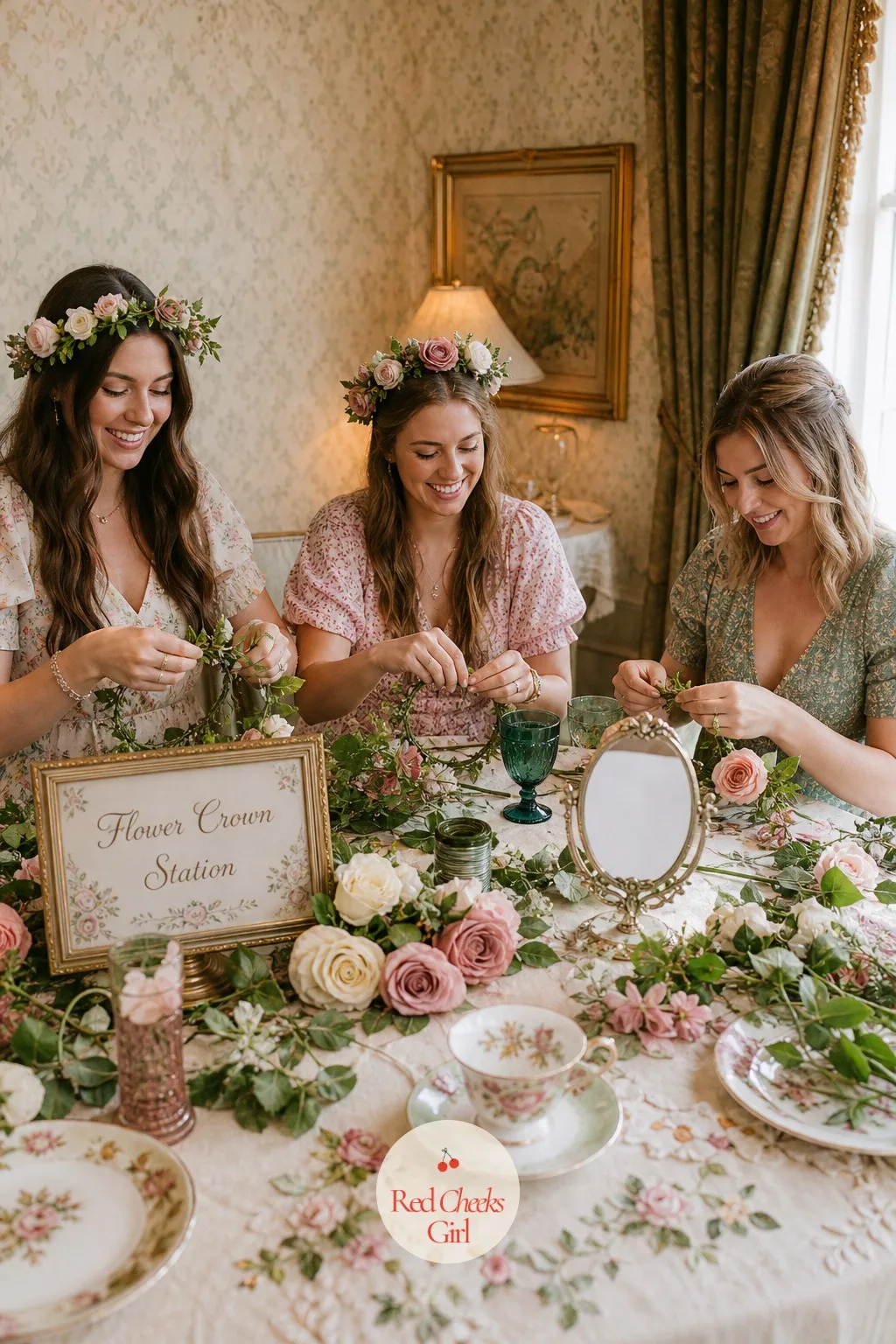 Flower Crown Station — Somewhere near the garden picnic corner, a small table holds everything guests need to make their own flower crown, silk and fresh stems