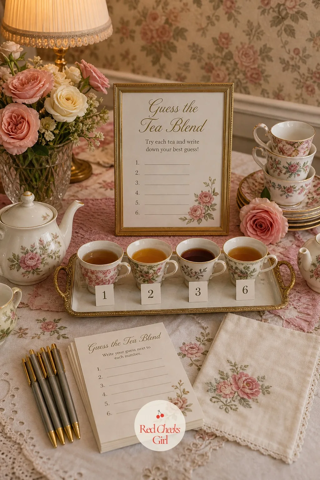 Guess the Tea Blend Game — While the tasting bar is already poured, a guessing game uses it twice: guests sip from small numbered cups and write down which