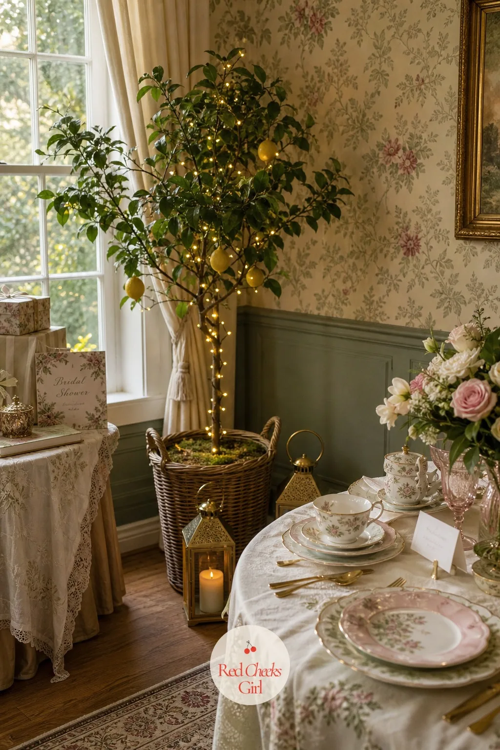 Lemon Tree Corner — A tea party can tip sickly sweet without something green and a little tart to cut it, and a potted lemon tree in the corner does exactly