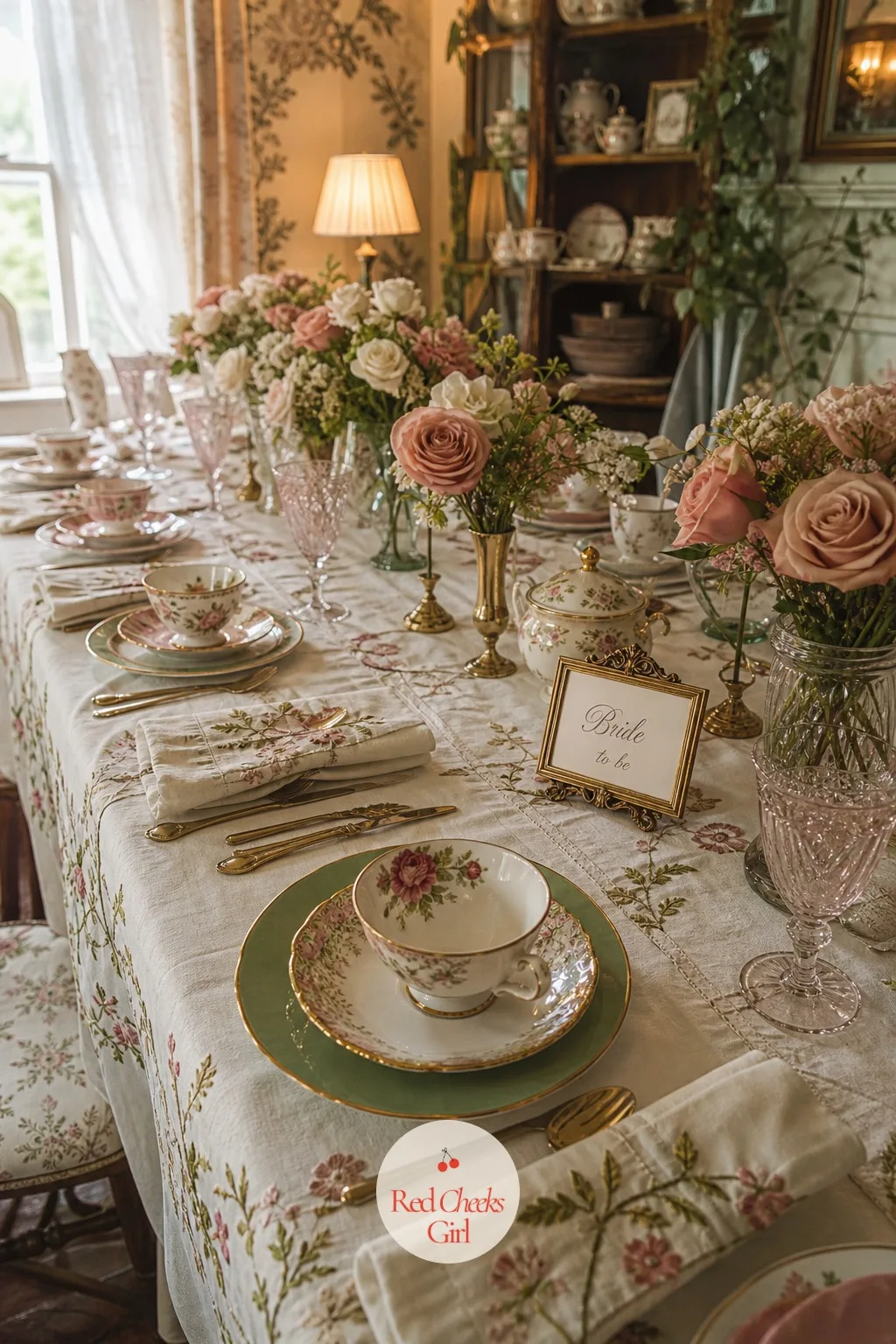 Long Tea Table with Mismatched Vintage China and Embroidered Cotton Tablecloths — A folding table dressed in one flat cloth never says tea party. Tea party