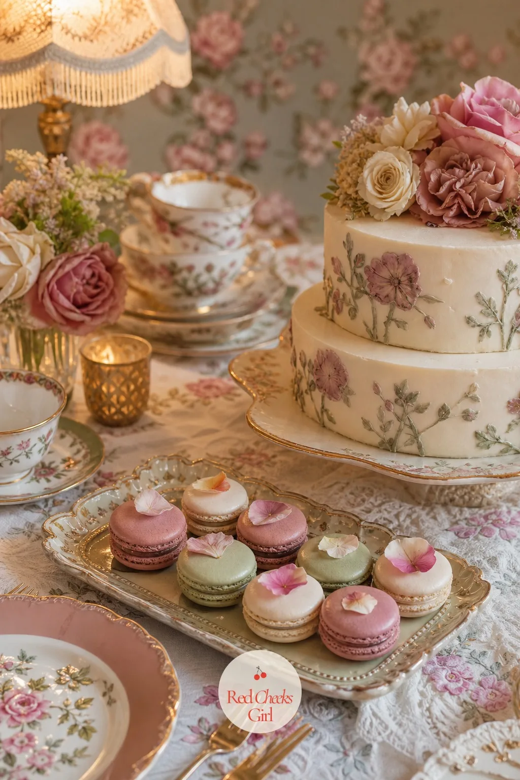 Macarons with Fresh Flowers — Macarons already do most of the work in dusty rose and sage shells, and a single fresh petal pressed onto the top of each one