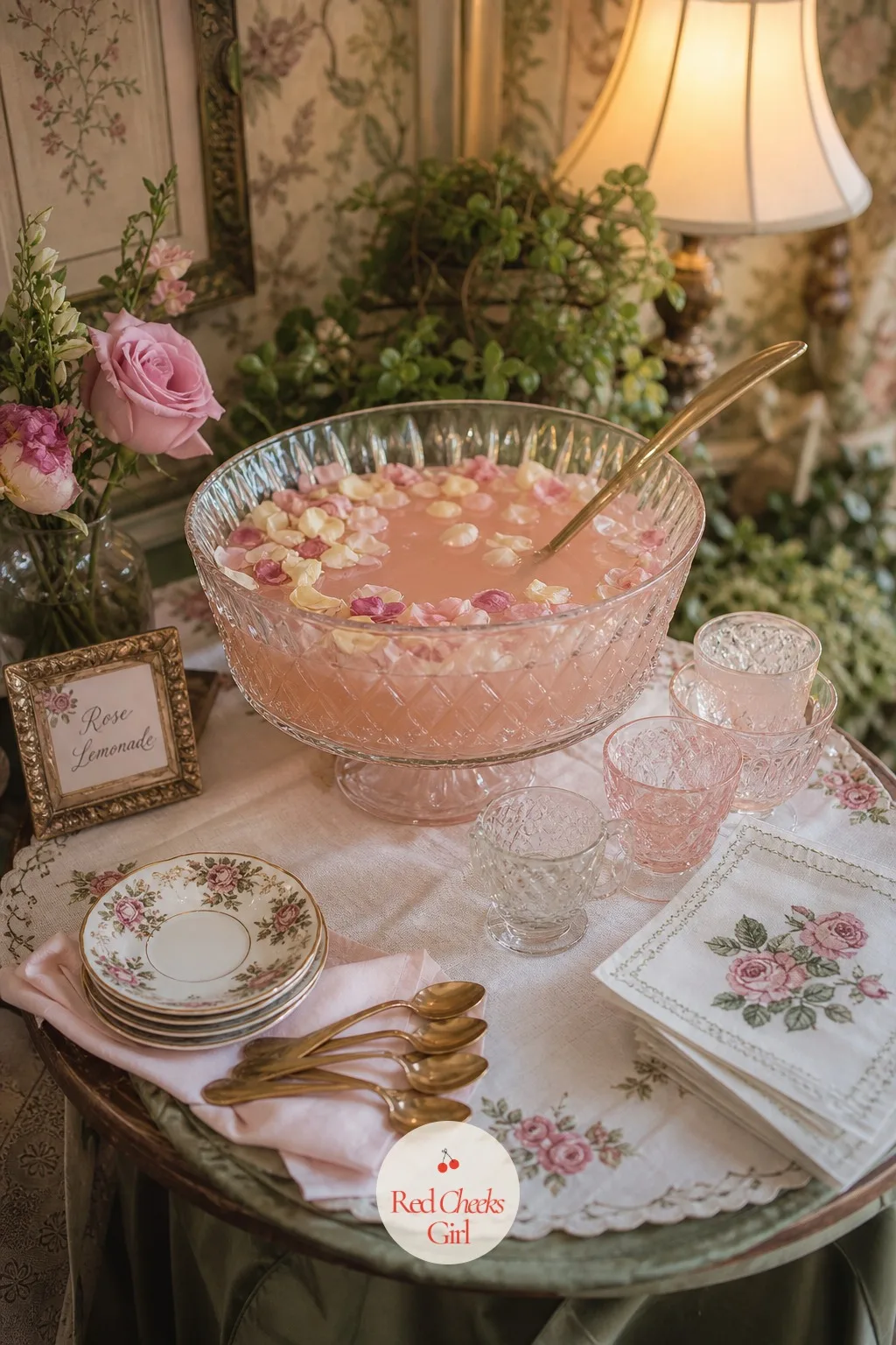 Rose Lemonade Punch Bowl — Not everyone wants hot tea on a warm afternoon, and a chilled rose lemonade in a vintage glass punch bowl covers that without