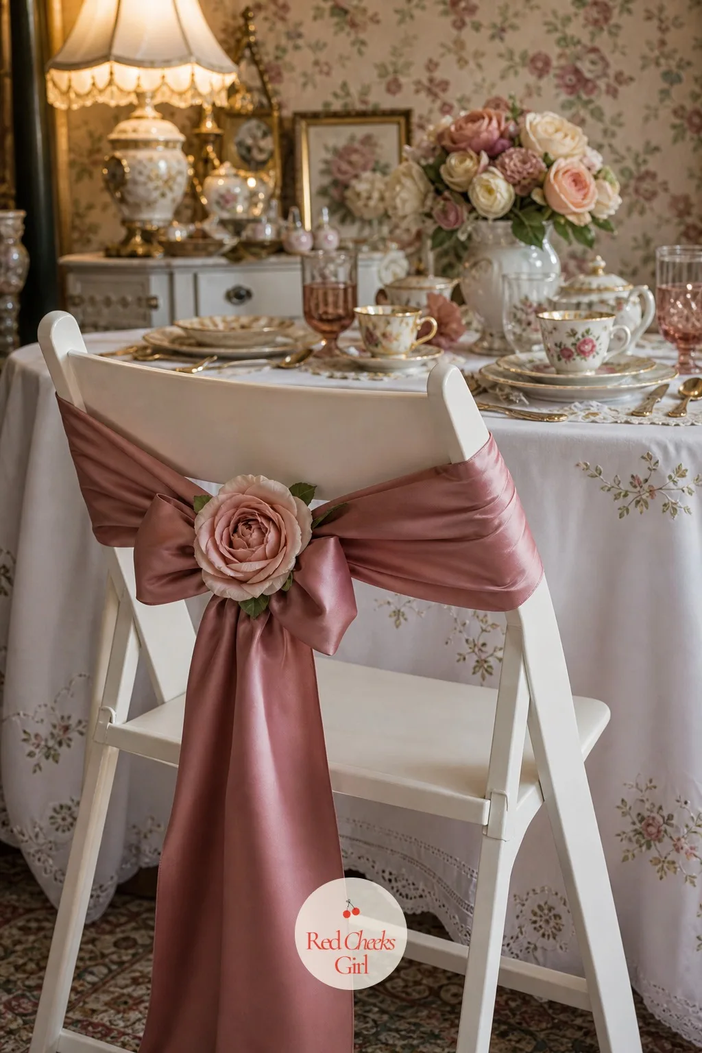 Rose and Ribbon Chair Sashes — Plain folding chairs pull the eye away from everything else on the table, and the cheapest fix is a sash. Tea party bridal