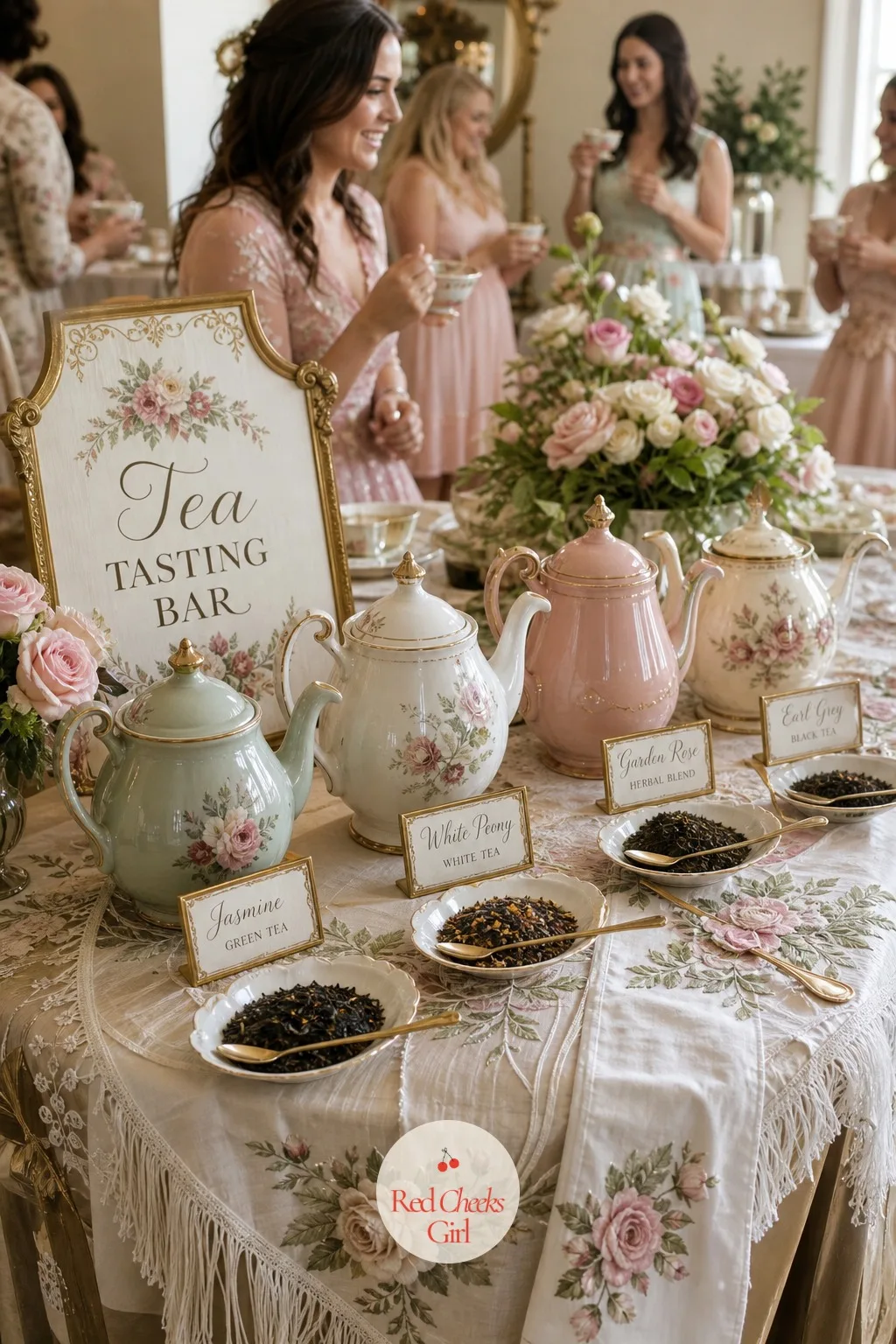 Tea Tasting Bar — A single pot of tea for twenty guests never keeps anyone happy, and a small tasting bar solves it: three or four vintage teapots, each