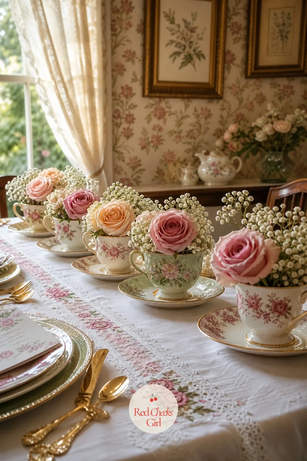 Teacup Centerpieces — A tall floral centerpiece blocks the one thing a tea table needs most, conversation across it. Tea party bridal shower ideas