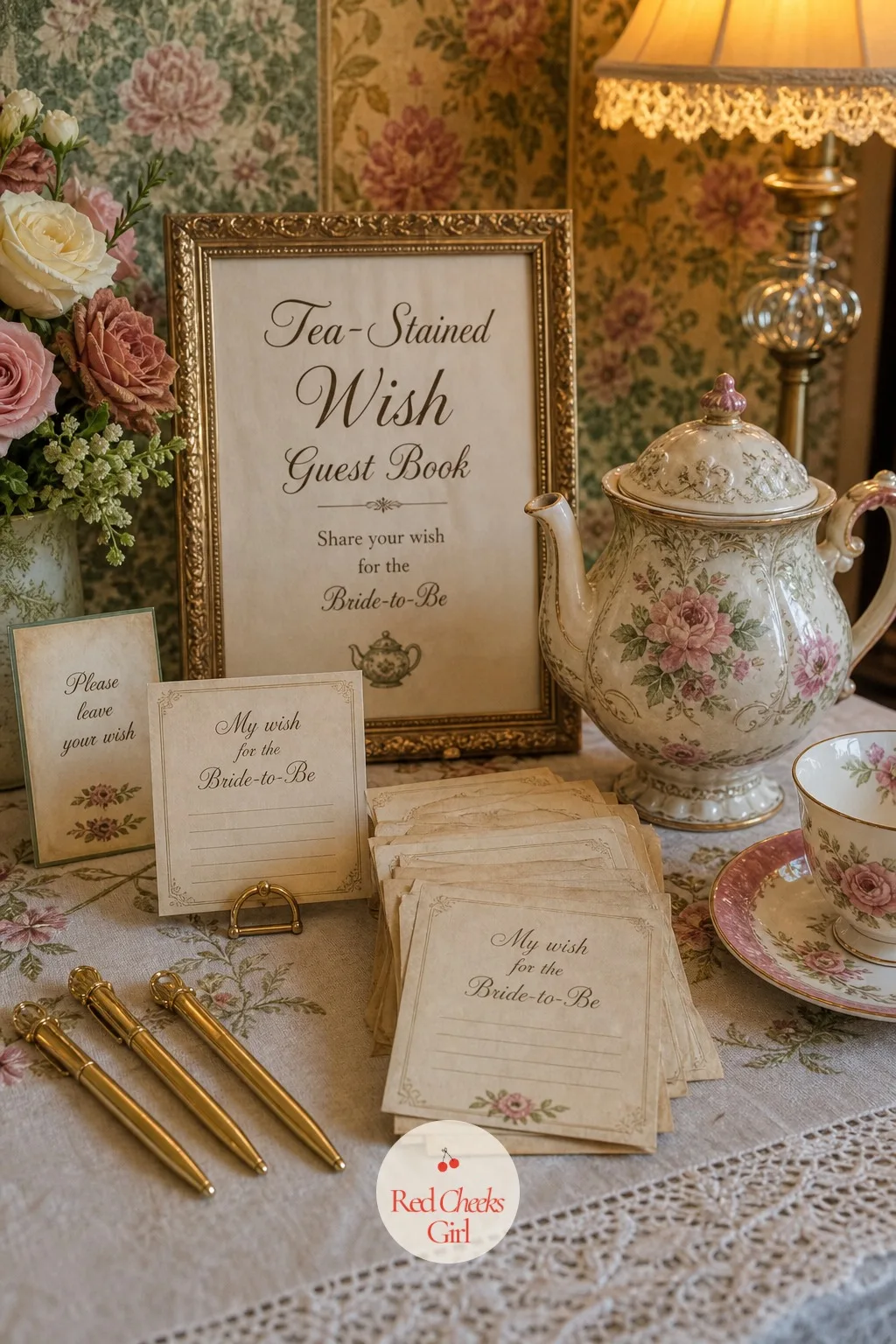 Tea-Stained Wish Guest Book — Instead of a bound guest book nobody opens again, guests write their wishes for the bride on small tea-stained cards and drop