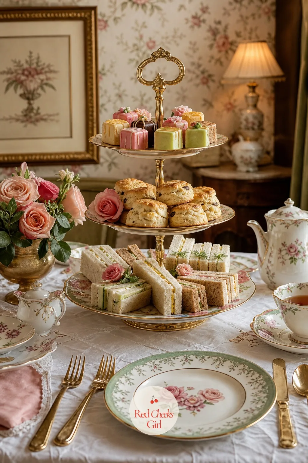 Tiered Stands with Finger Sandwiches and Scones — This is the centre of the whole spread, and it earns the attention: a three-tier gold stand loaded bottom to