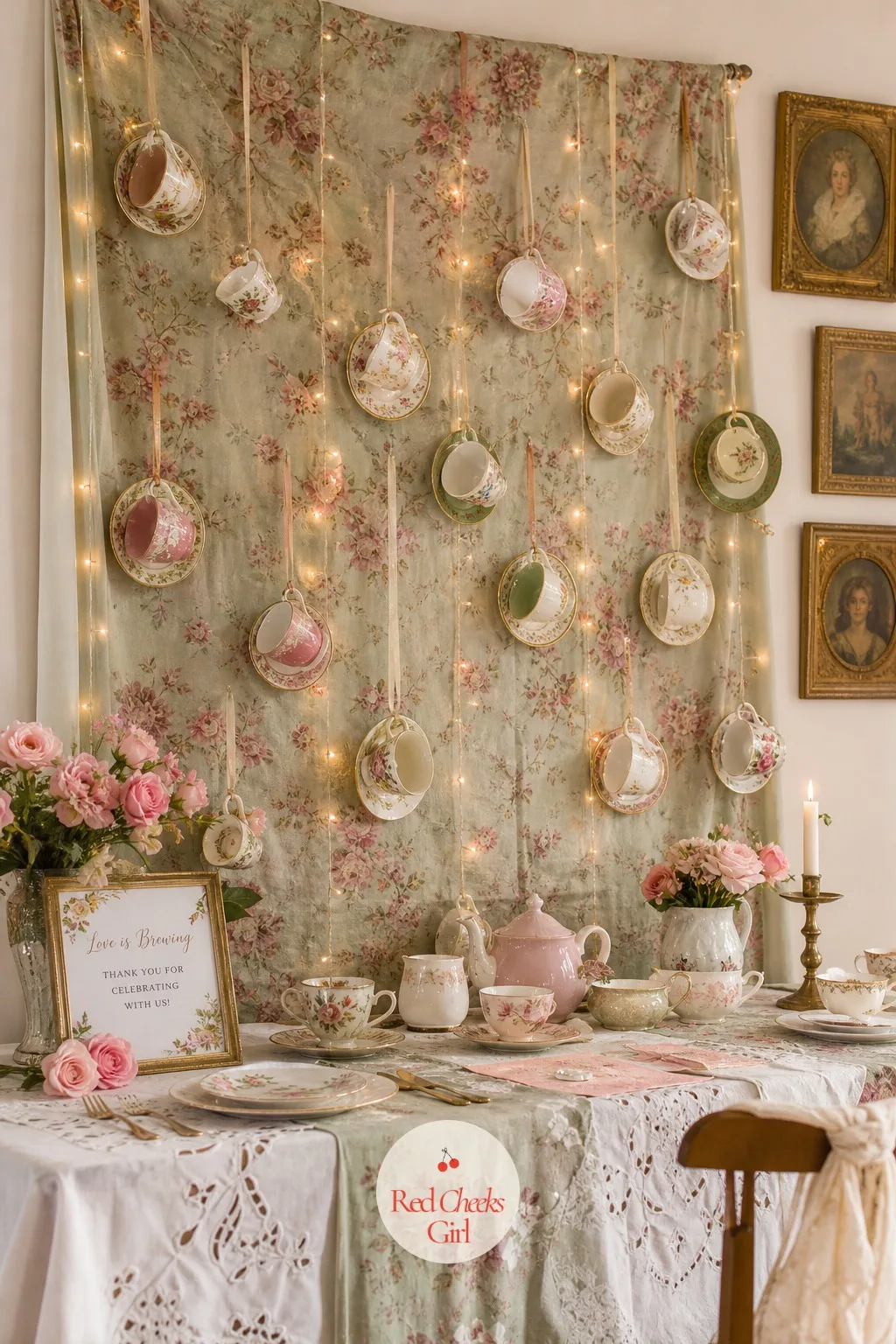 Vintage China Photo Backdrop — Guests want proof they were there, and a small backdrop gives them somewhere to stand for it: a floral curtain or fabric panel