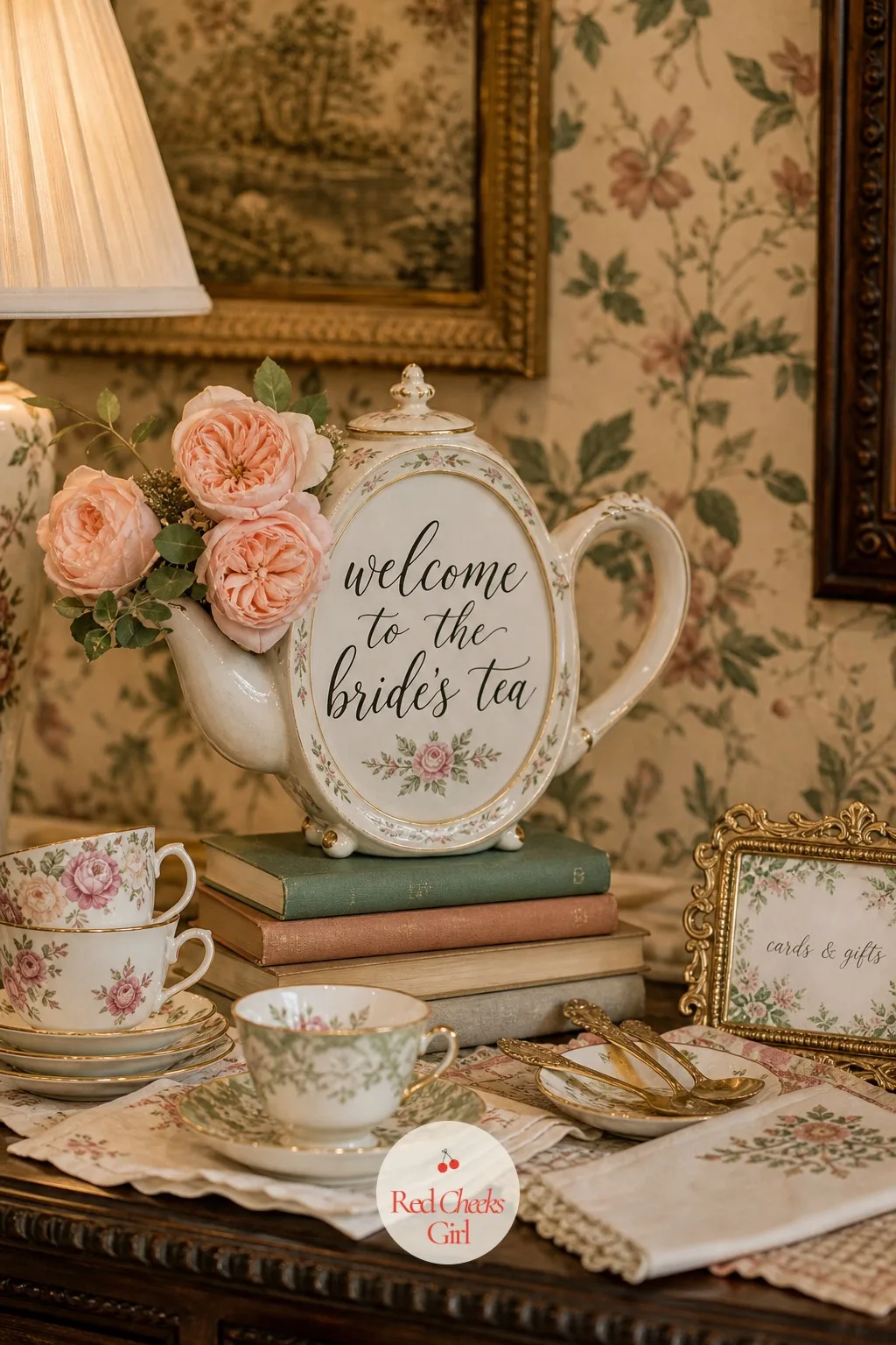 Vintage Teapot Welcome Sign — The first thing a guest reads should match the last thing she eats. Tea party bridal shower ideas