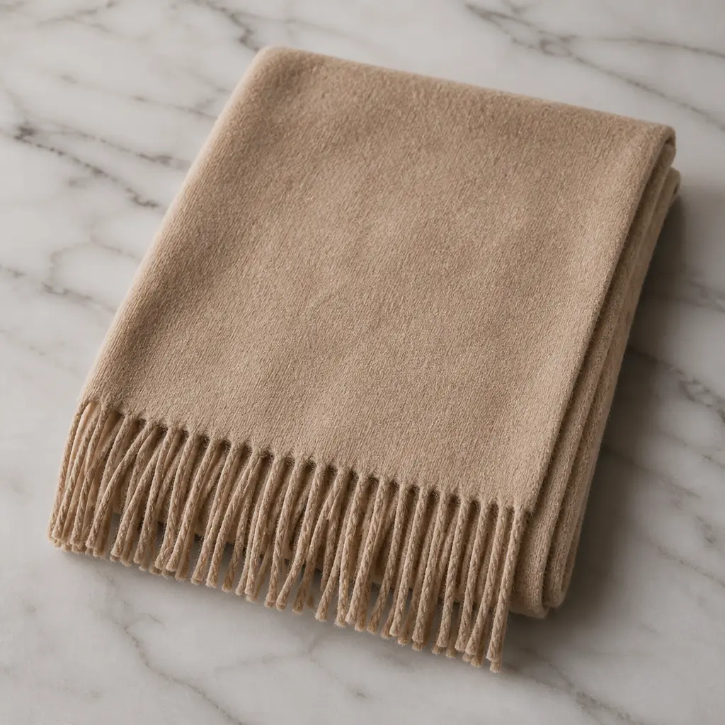 Cashmere Scarf — She wears the same navy coat every winter morning drop-off, and a cashmere blend scarf is the thing that makes it look chosen rather than
