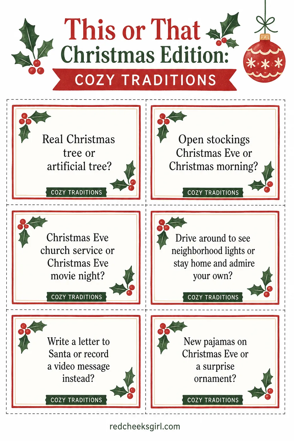 Cozy Traditions Cards (Sheet 1) printable sheet. This or that christmas edition