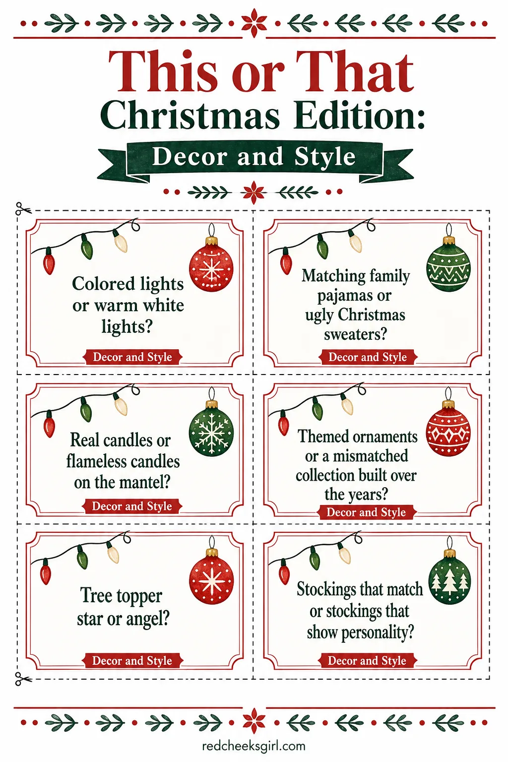 Decor and Style Cards (Sheet 1) printable sheet. This or that christmas edition