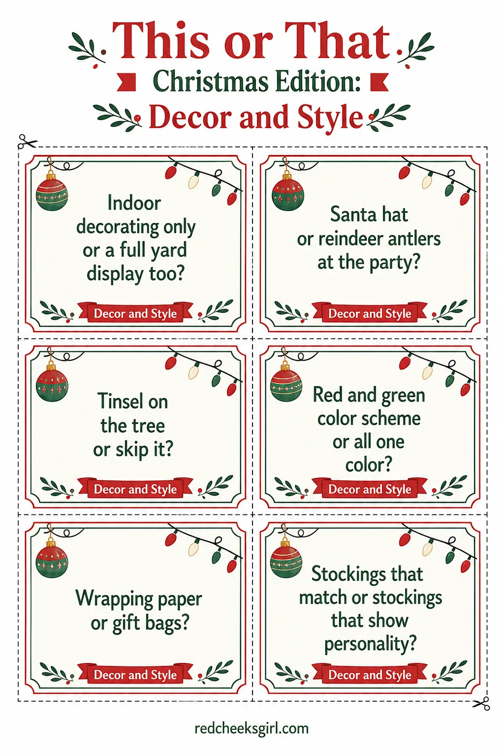 Decor and Style Cards (Sheet 2) printable sheet. This or that christmas edition