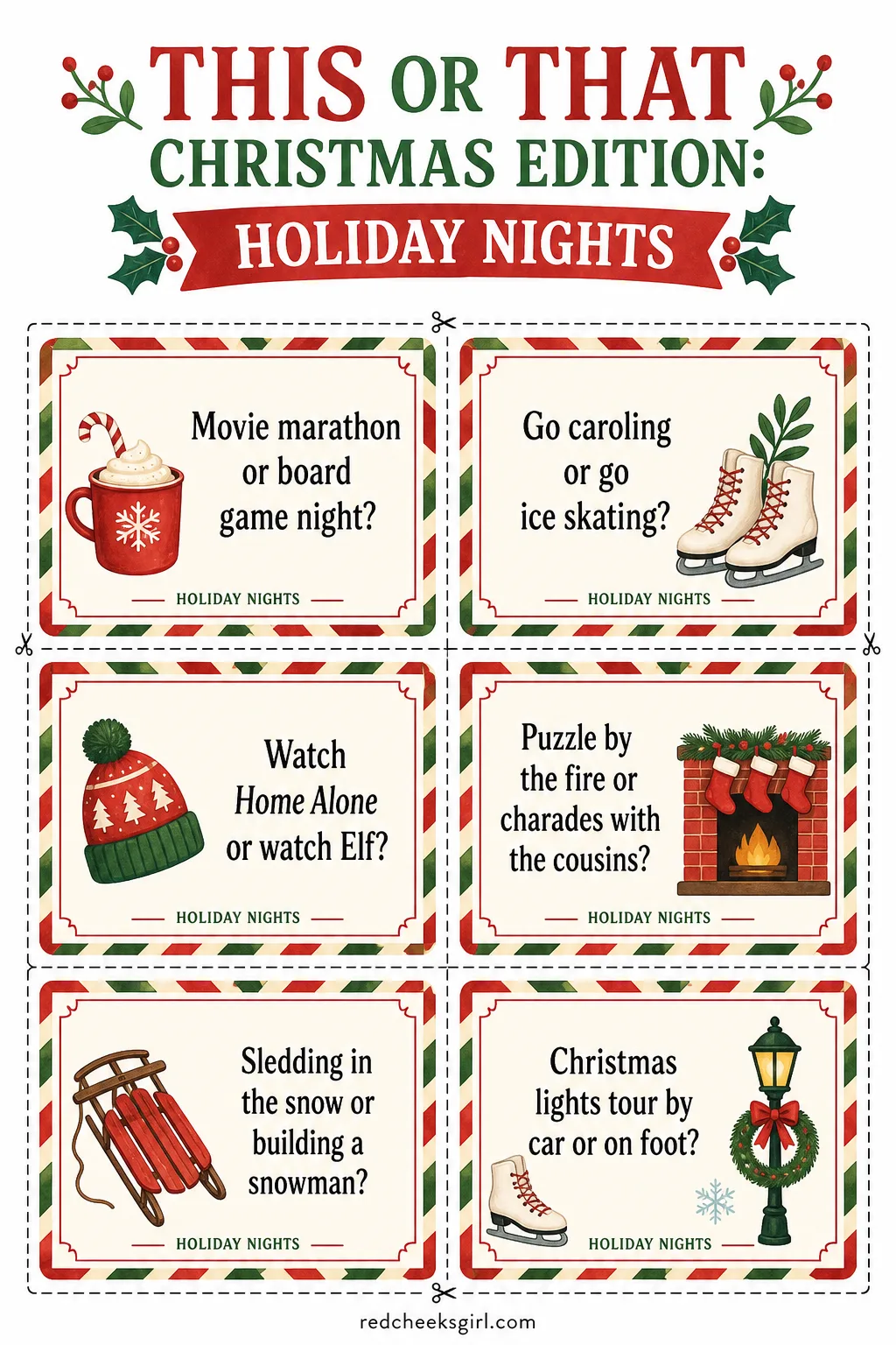 Holiday Nights Cards (Sheet 1) printable sheet. This or that christmas edition