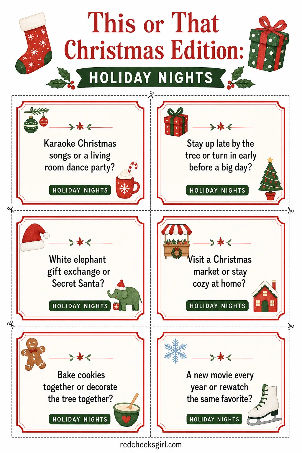 Holiday Nights Cards (Sheet 2) printable sheet. This or that christmas edition