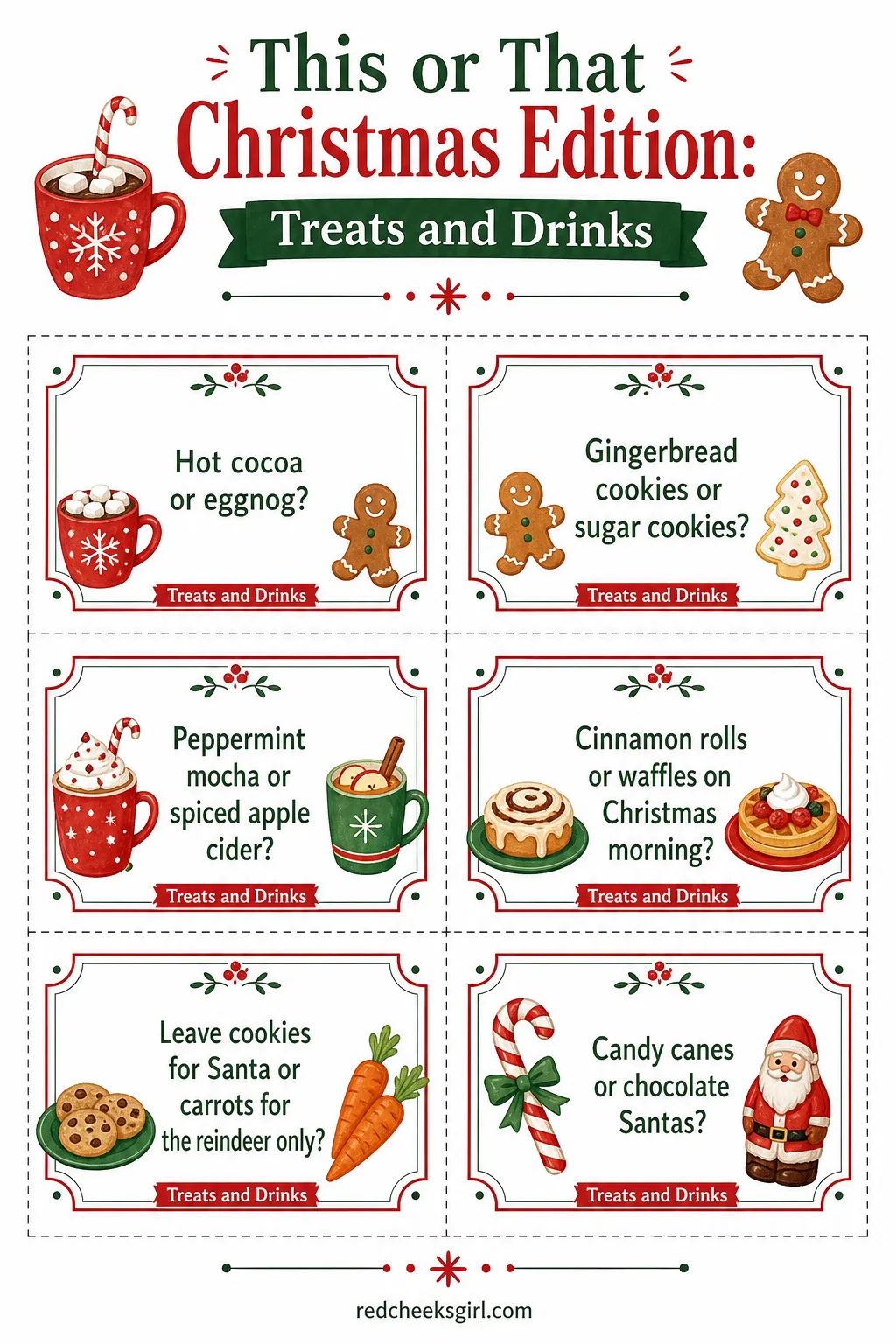 Treats and Drinks Cards (Sheet 1) printable sheet. This or that christmas edition