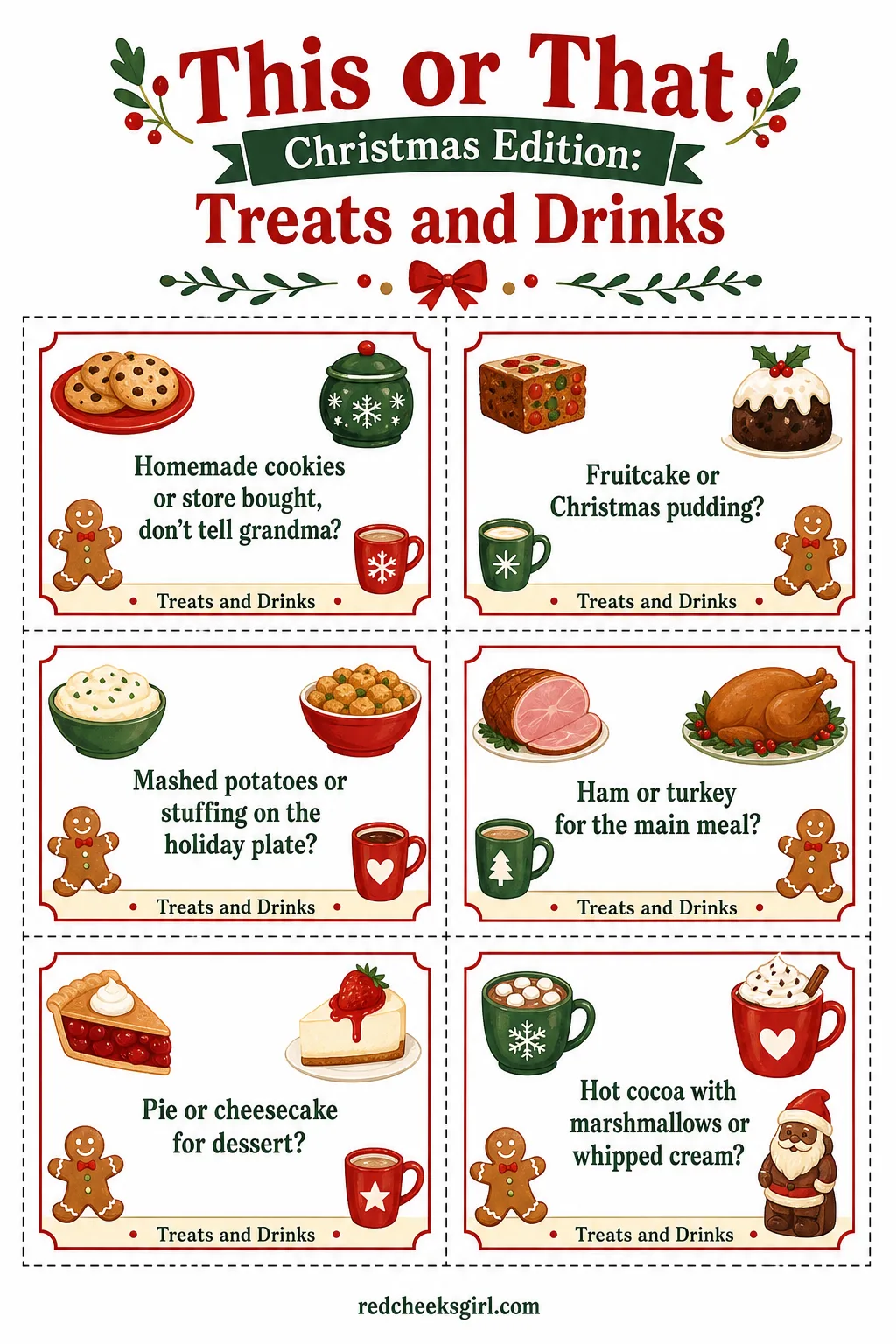 Treats and Drinks Cards (Sheet 2) printable sheet. This or that christmas edition