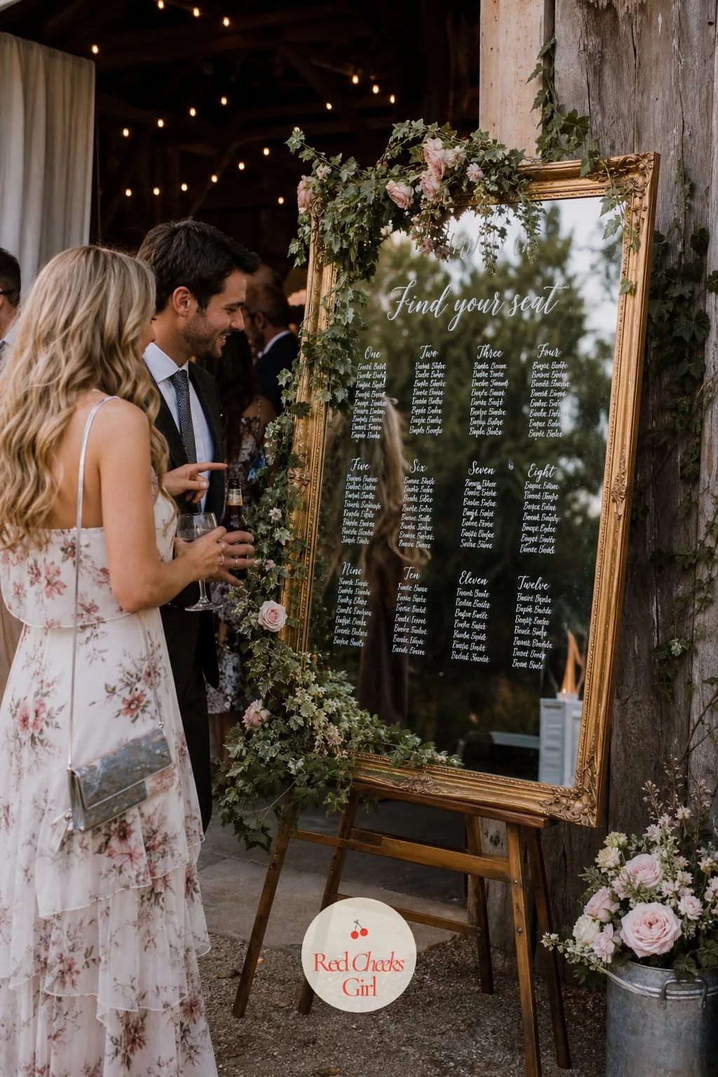 An Antique Mirror as the Seating Chart — A printed poster seating chart looks like it came from an office supply store, because it did. Thrifted wedding decor