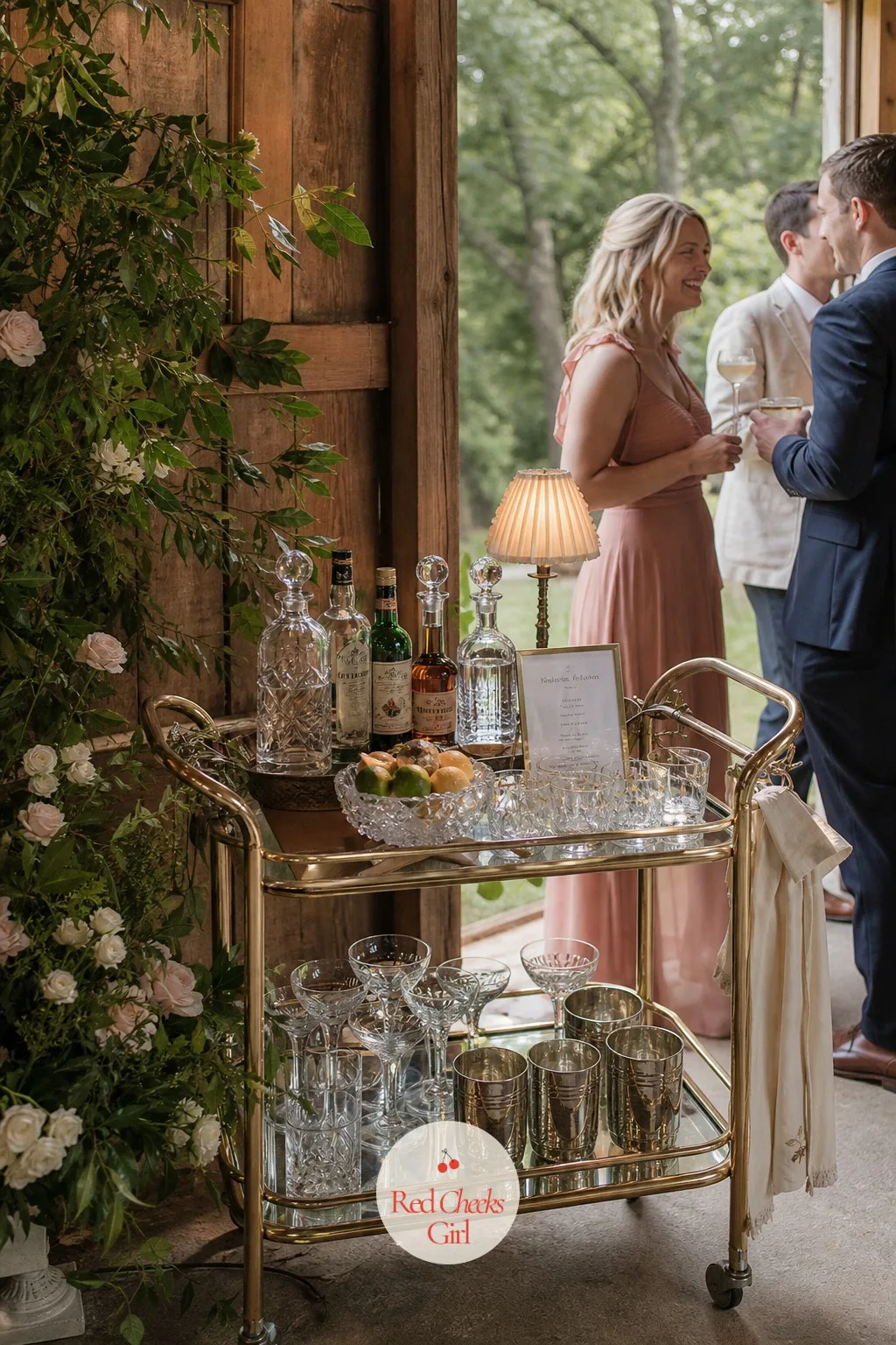 A Brass Bar Cart for the Cocktail Station — A rented bar unit looks exactly like what it is: borrowed for the night. Thrifted wedding decor